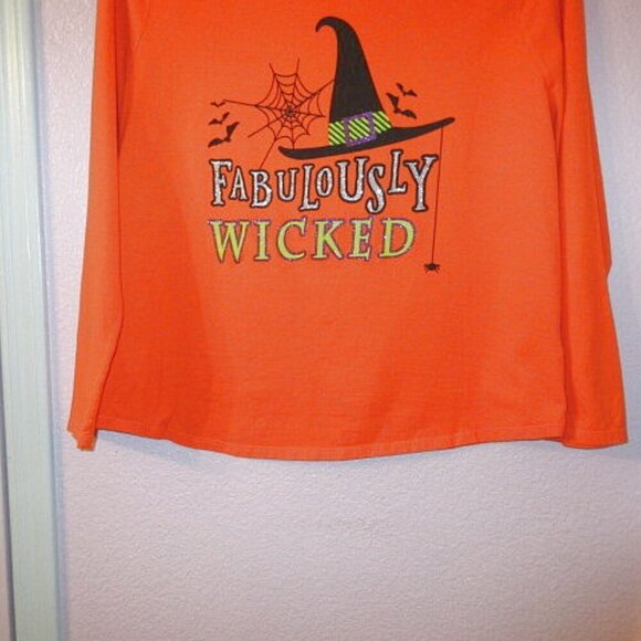 FABULOUSLY WICKED Witch T-SHIRT Size 2X LONG SLEEVE Glitter BATS Spiders WEB Hat - Picture 5 of 8